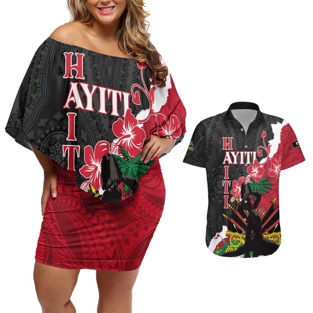Personalised Ayiti Neg Marron Couples Matching Off Shoulder Short Dress and Hawaiian Shirt Dashiki Mix Polynesian Pattern