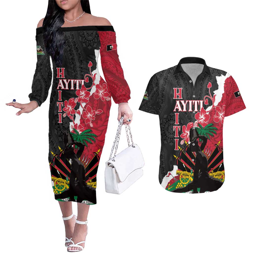 Personalised Ayiti Neg Marron Couples Matching Off The Shoulder Long Sleeve Dress and Hawaiian Shirt Dashiki Mix Polynesian Pattern