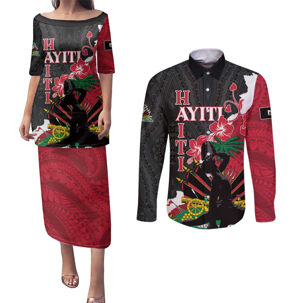 Personalised Ayiti Neg Marron Couples Matching Puletasi and Long Sleeve Button Shirt Dashiki Mix Polynesian Pattern