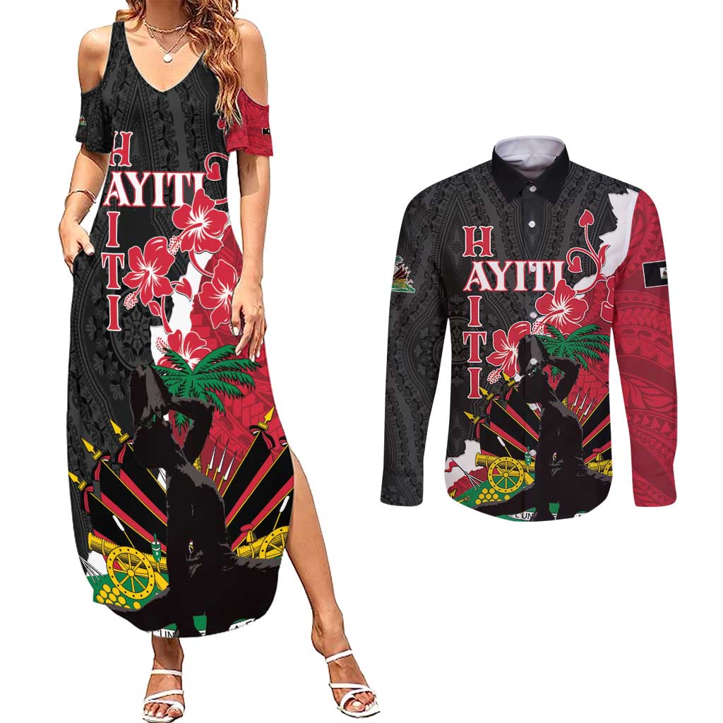 Personalised Ayiti Neg Marron Couples Matching Summer Maxi Dress and Long Sleeve Button Shirt Dashiki Mix Polynesian Pattern