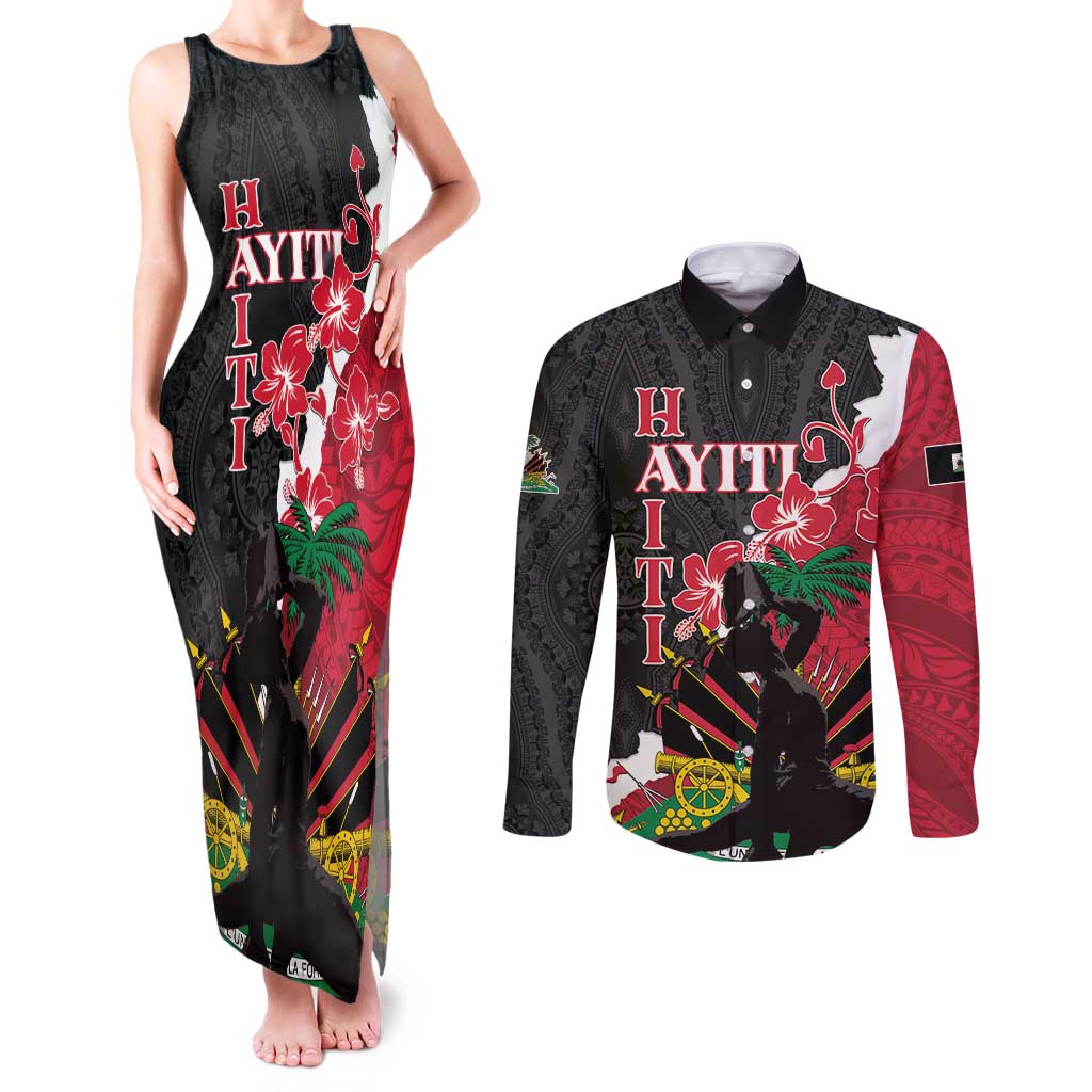 Personalised Ayiti Neg Marron Couples Matching Tank Maxi Dress and Long Sleeve Button Shirt Dashiki Mix Polynesian Pattern
