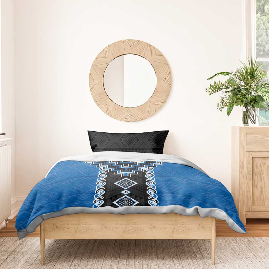 Blue Niho Taniwha Mix Poutama Bedding Set Unique Taniko Aotearoa