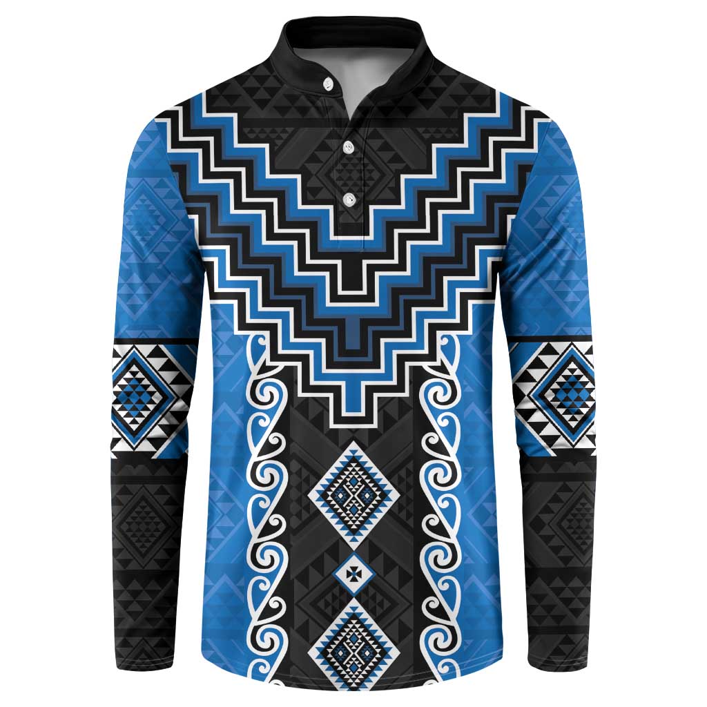 Blue Niho Taniwha Mix Poutama Button Sweatshirt Unique Taniko Aotearoa
