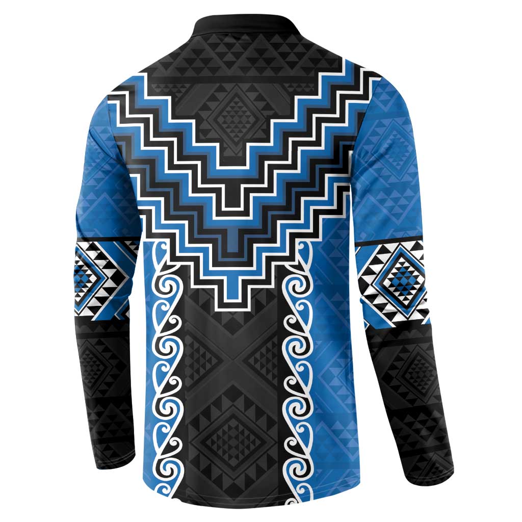 Blue Niho Taniwha Mix Poutama Button Sweatshirt Unique Taniko Aotearoa