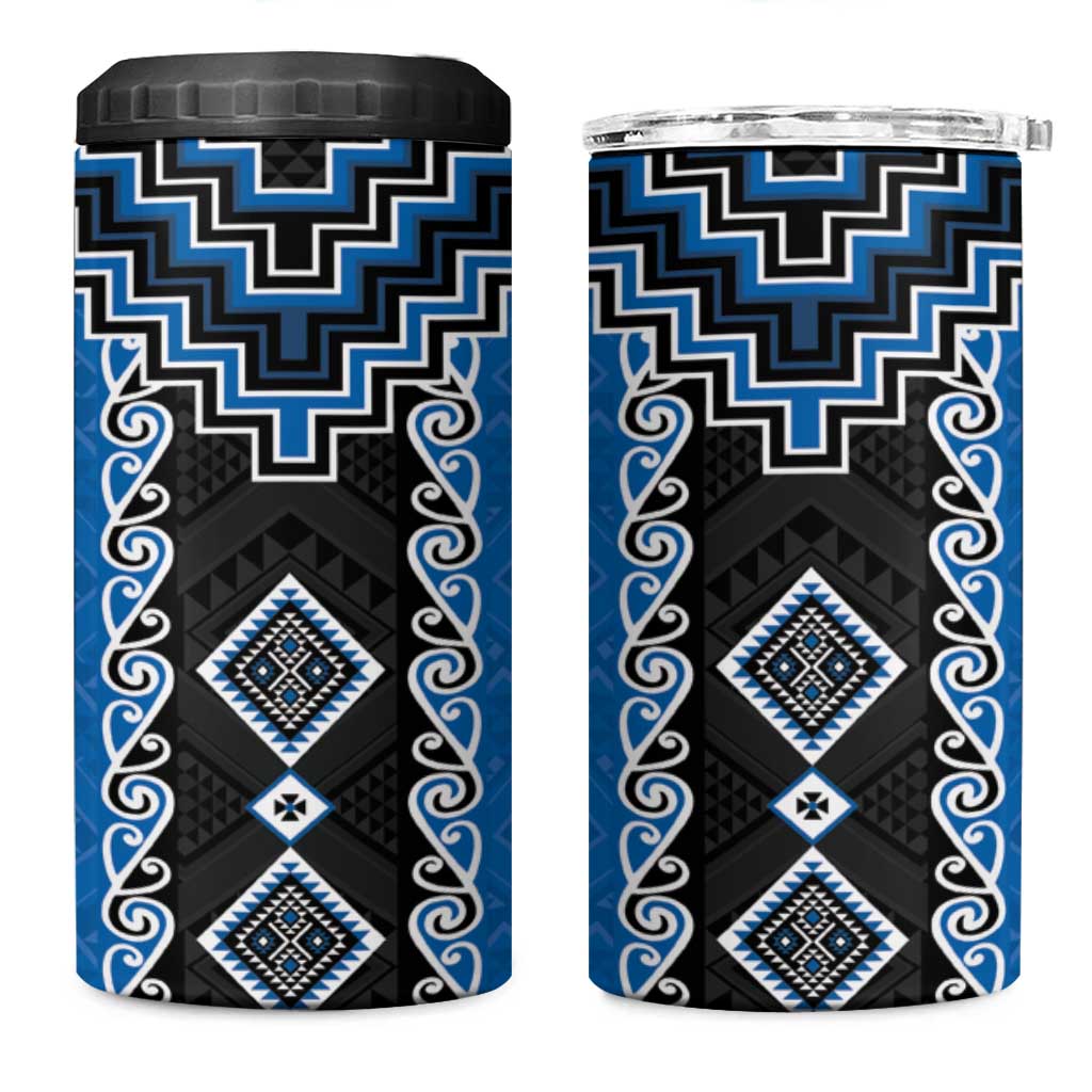 Blue Niho Taniwha Mix Poutama 4 in 1 Can Cooler Tumbler Unique Taniko Aotearoa