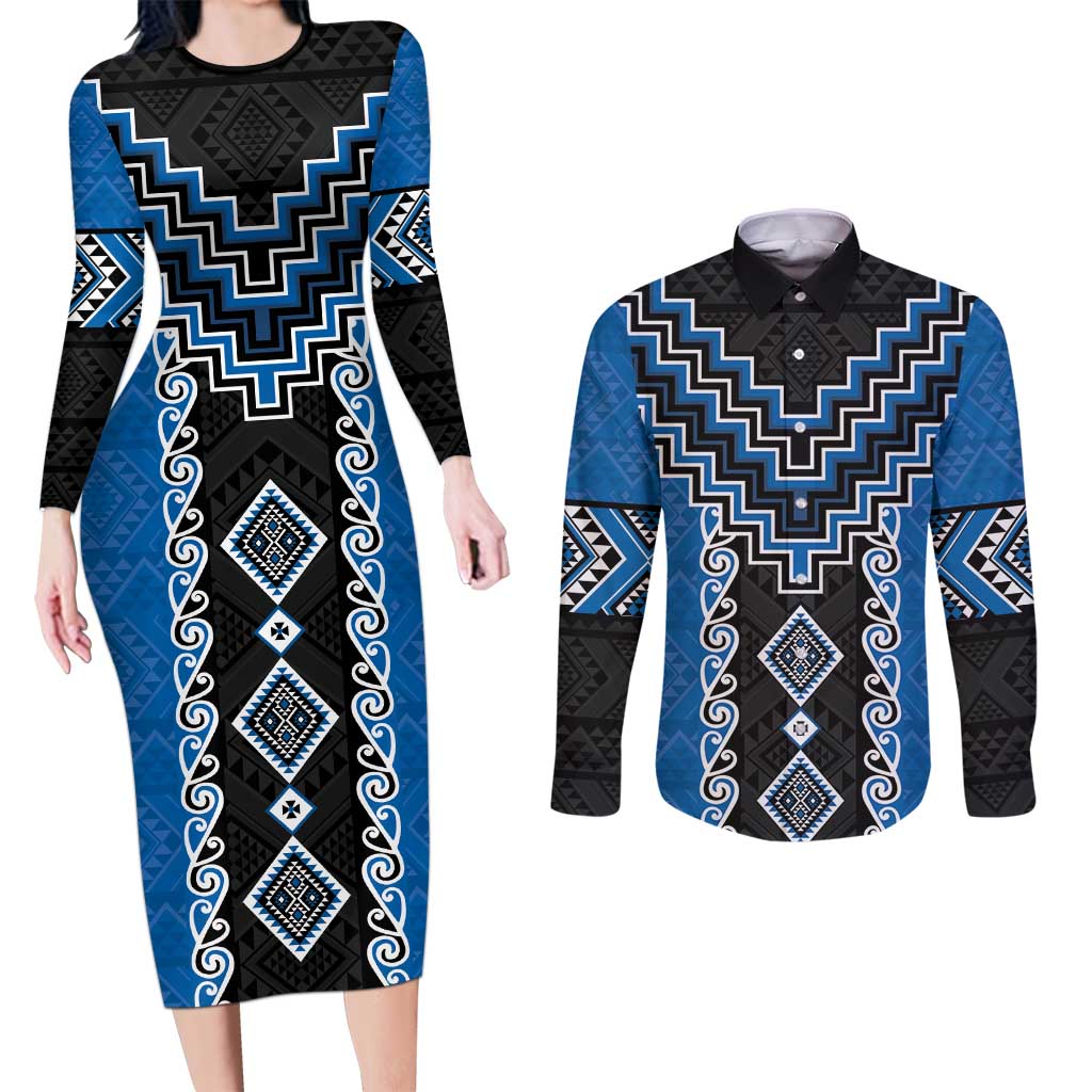 Blue Niho Taniwha Mix Poutama Couples Matching Long Sleeve Bodycon Dress and Long Sleeve Button Shirt Unique Taniko Aotearoa