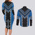 Blue Niho Taniwha Mix Poutama Couples Matching Long Sleeve Bodycon Dress and Long Sleeve Button Shirt Unique Taniko Aotearoa