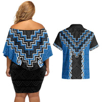 Blue Niho Taniwha Mix Poutama Couples Matching Off Shoulder Short Dress and Hawaiian Shirt Unique Taniko Aotearoa