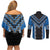 Blue Niho Taniwha Mix Poutama Couples Matching Off Shoulder Short Dress and Long Sleeve Button Shirt Unique Taniko Aotearoa