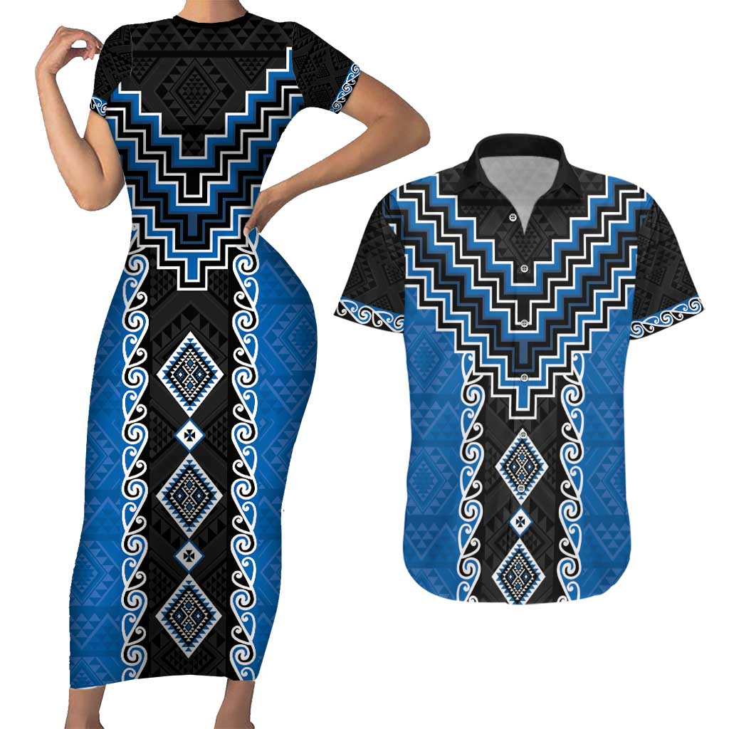 Blue Niho Taniwha Mix Poutama Couples Matching Short Sleeve Bodycon Dress and Hawaiian Shirt Unique Taniko Aotearoa