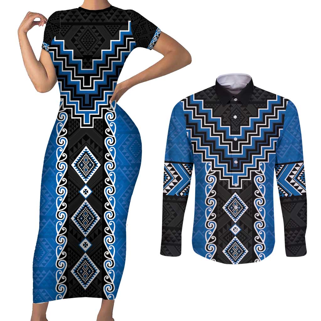 Blue Niho Taniwha Mix Poutama Couples Matching Short Sleeve Bodycon Dress and Long Sleeve Button Shirt Unique Taniko Aotearoa