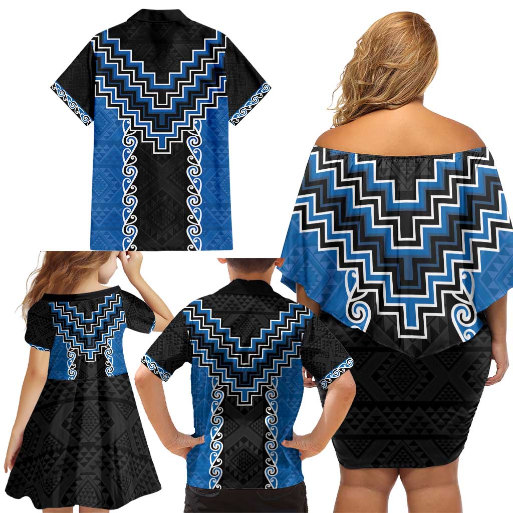 Blue Niho Taniwha Mix Poutama Family Matching Off Shoulder Short Dress and Hawaiian Shirt Unique Taniko Aotearoa