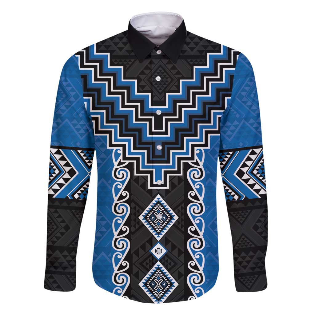 Blue Niho Taniwha Mix Poutama Family Matching Off Shoulder Short Dress and Hawaiian Shirt Unique Taniko Aotearoa