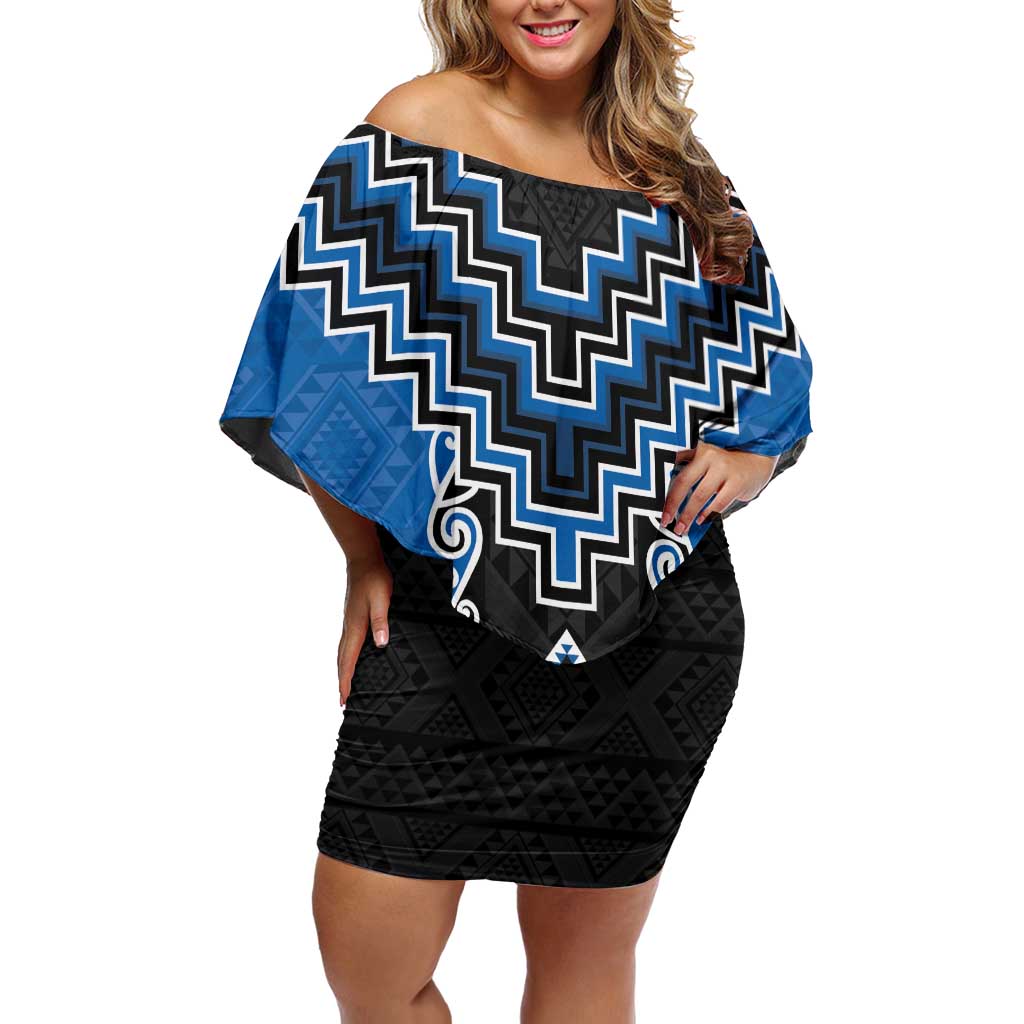 Blue Niho Taniwha Mix Poutama Family Matching Off Shoulder Short Dress and Hawaiian Shirt Unique Taniko Aotearoa