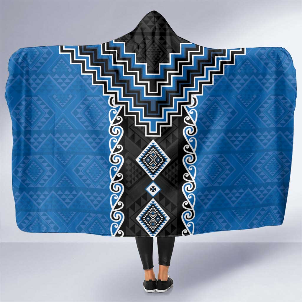 Blue Niho Taniwha Mix Poutama Hooded Blanket Unique Taniko Aotearoa