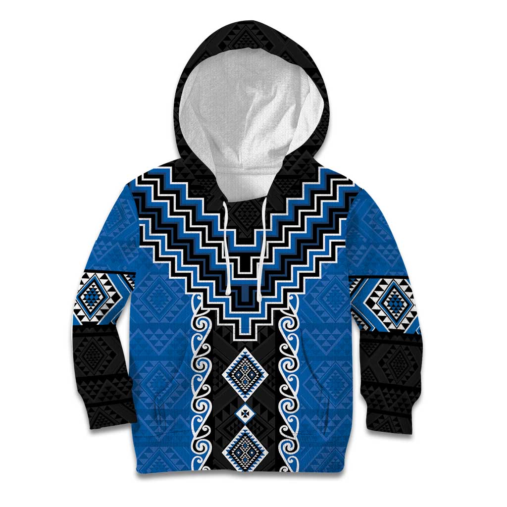 Blue Niho Taniwha Mix Poutama Kid Hoodie Unique Taniko Aotearoa