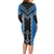 Blue Niho Taniwha Mix Poutama Long Sleeve Bodycon Dress Unique Taniko Aotearoa