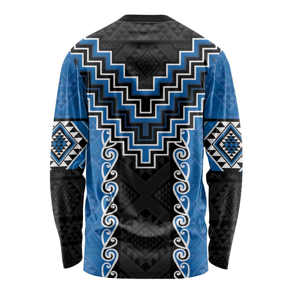 Blue Niho Taniwha Mix Poutama Long Sleeve Shirt Unique Taniko Aotearoa