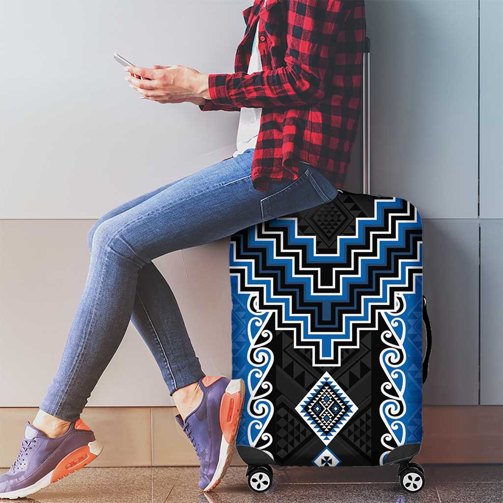 Blue Niho Taniwha Mix Poutama Luggage Cover Unique Taniko Aotearoa