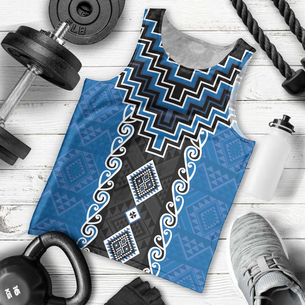 Blue Niho Taniwha Mix Poutama Men Tank Top Unique Taniko Aotearoa