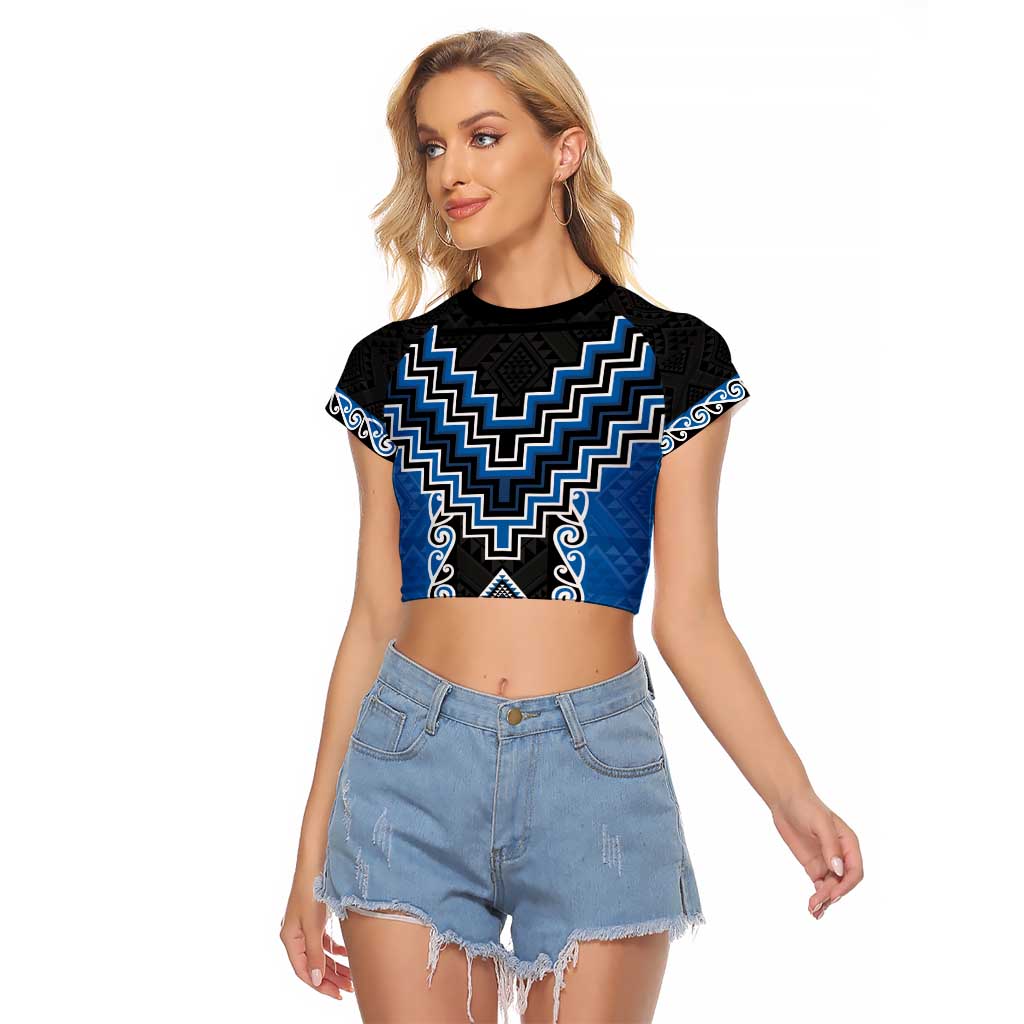 Blue Niho Taniwha Mix Poutama Raglan Cropped T Shirt Unique Taniko Aotearoa