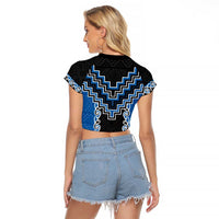 Blue Niho Taniwha Mix Poutama Raglan Cropped T Shirt Unique Taniko Aotearoa