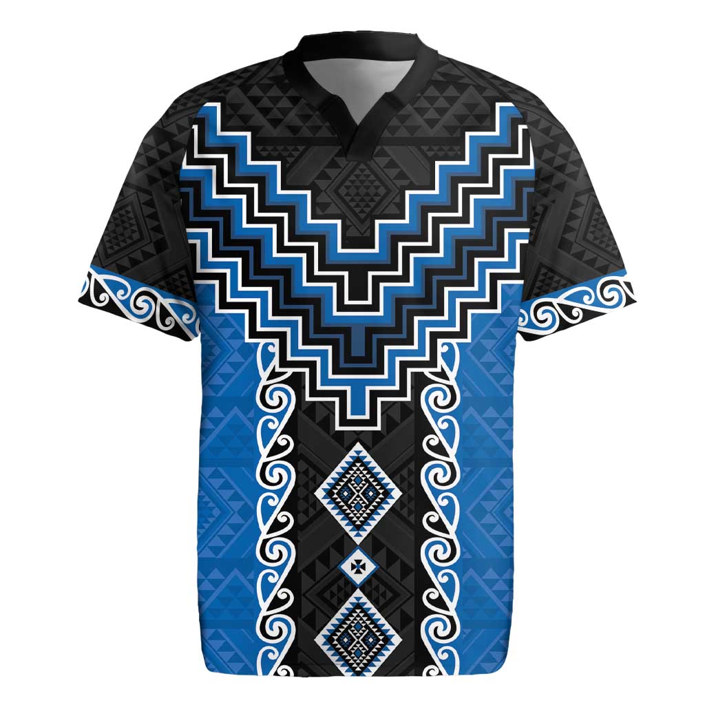 Blue Niho Taniwha Mix Poutama Rugby Jersey Unique Taniko Aotearoa