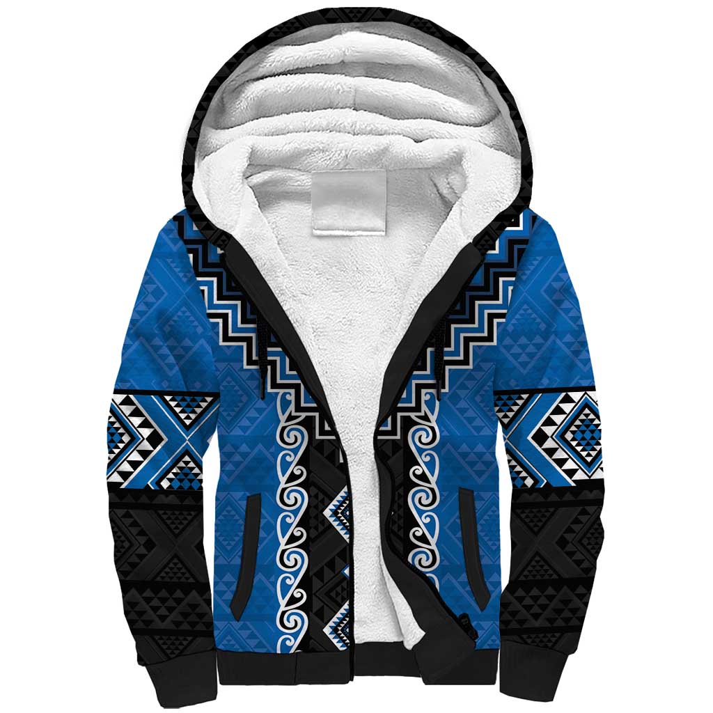 Blue Niho Taniwha Mix Poutama Sherpa Hoodie Unique Taniko Aotearoa