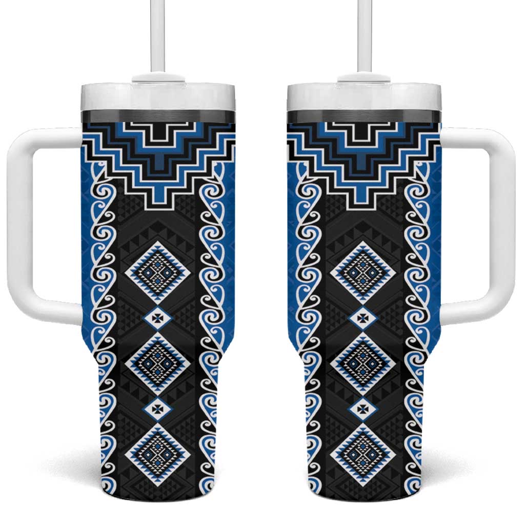 Blue Niho Taniwha Mix Poutama Tumbler With Handle Unique Taniko Aotearoa