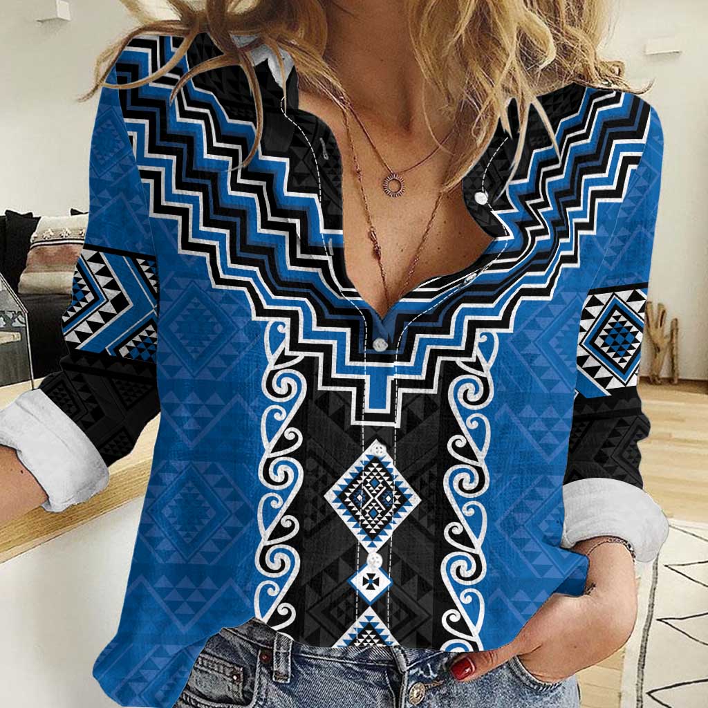 Blue Niho Taniwha Mix Poutama Women Casual Shirt Unique Taniko Aotearoa