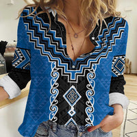 Blue Niho Taniwha Mix Poutama Women Casual Shirt Unique Taniko Aotearoa