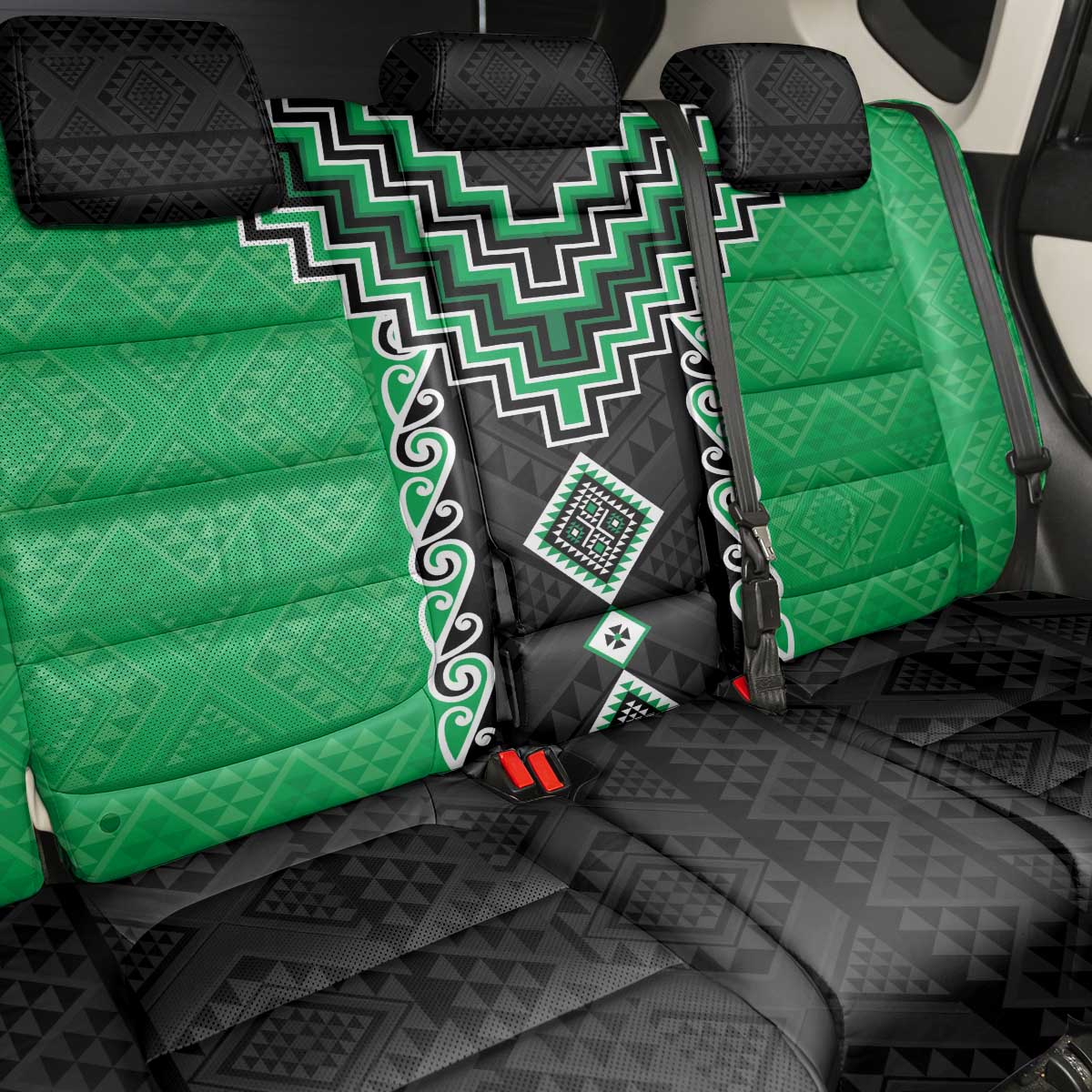 Green Niho Taniwha Mix Poutama Back Car Seat Cover Unique Taniko Aotearoa