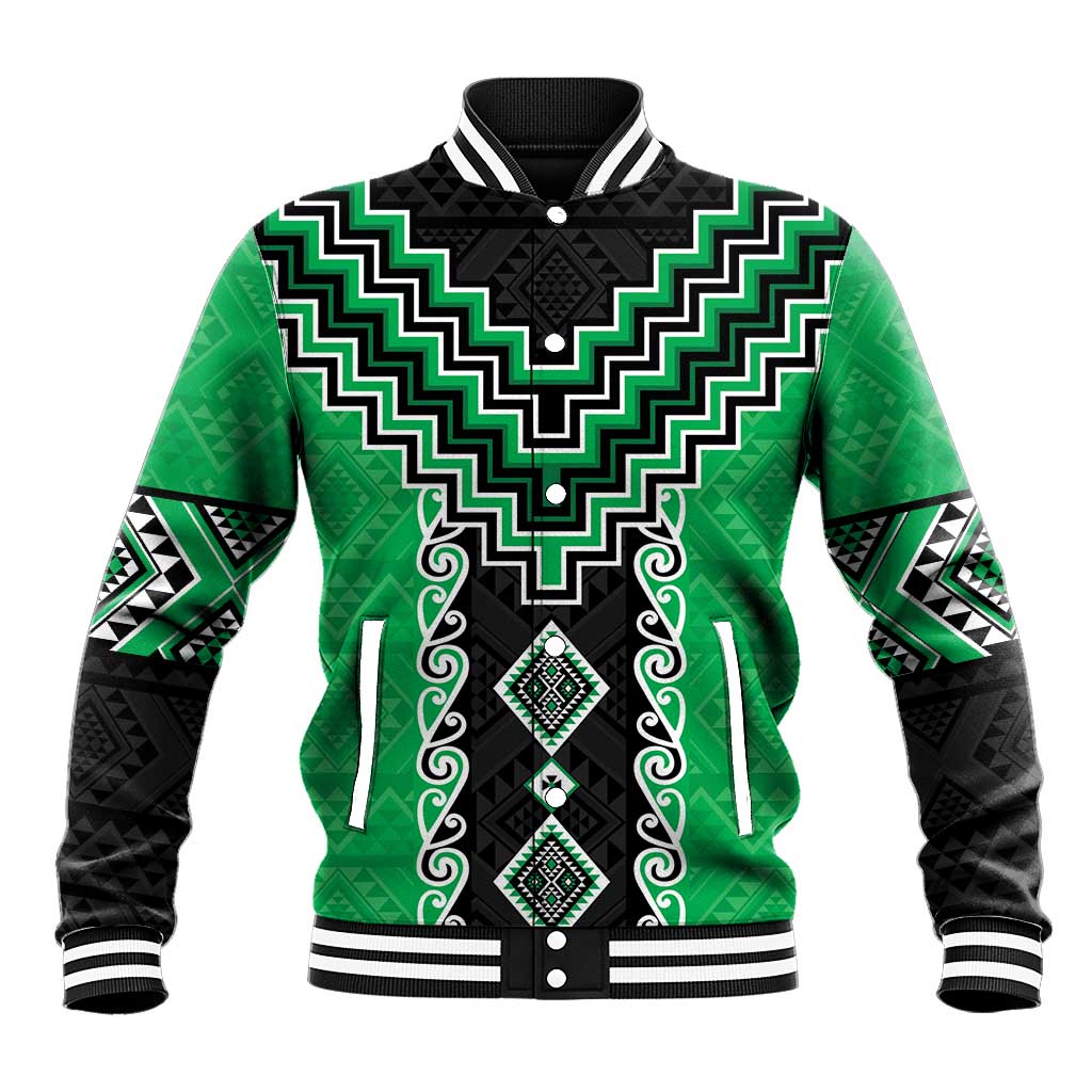 Green Niho Taniwha Mix Poutama Baseball Jacket Unique Taniko Aotearoa