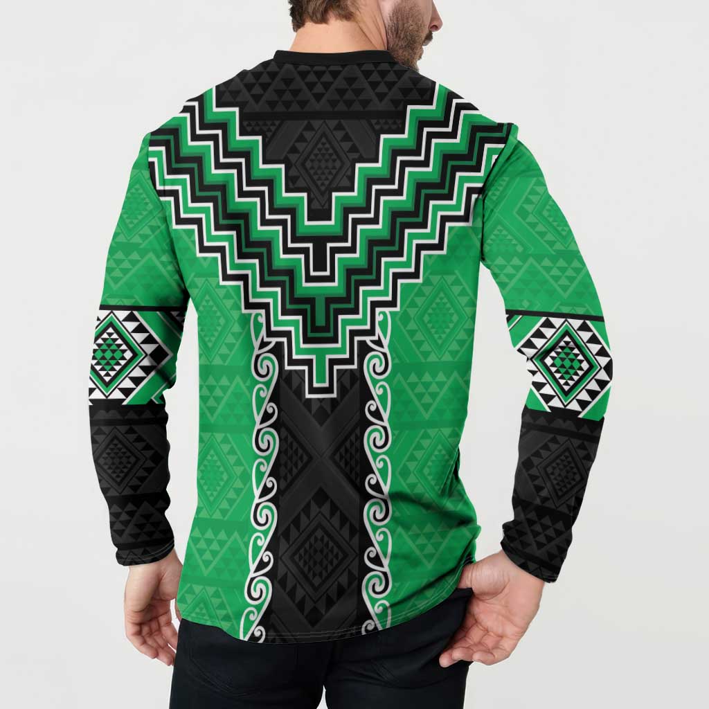 Green Niho Taniwha Mix Poutama Button Sweatshirt Unique Taniko Aotearoa