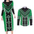 Green Niho Taniwha Mix Poutama Couples Matching Long Sleeve Bodycon Dress and Long Sleeve Button Shirt Unique Taniko Aotearoa