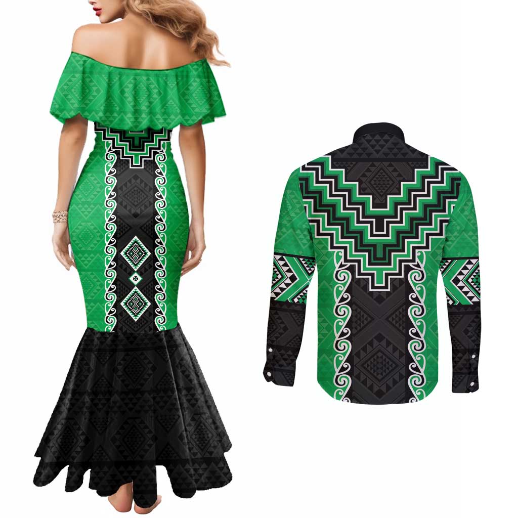 Green Niho Taniwha Mix Poutama Couples Matching Mermaid Dress and Long Sleeve Button Shirt Unique Taniko Aotearoa
