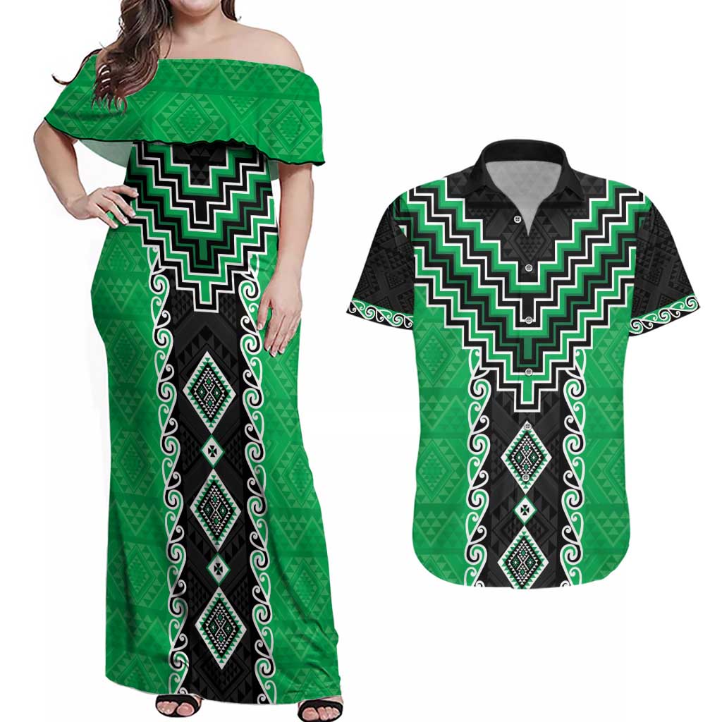 Green Niho Taniwha Mix Poutama Couples Matching Off Shoulder Maxi Dress and Hawaiian Shirt Unique Taniko Aotearoa