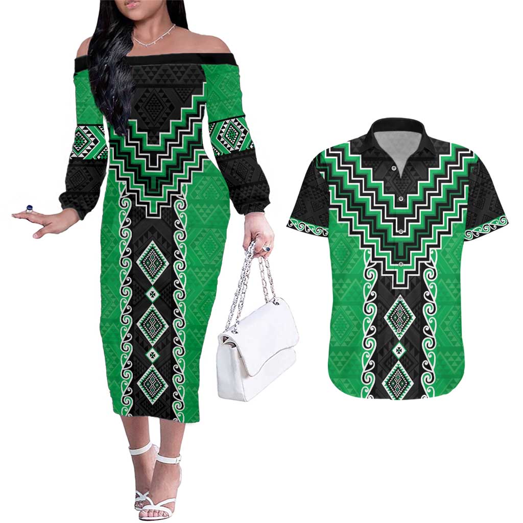 Green Niho Taniwha Mix Poutama Couples Matching Off The Shoulder Long Sleeve Dress and Hawaiian Shirt Unique Taniko Aotearoa