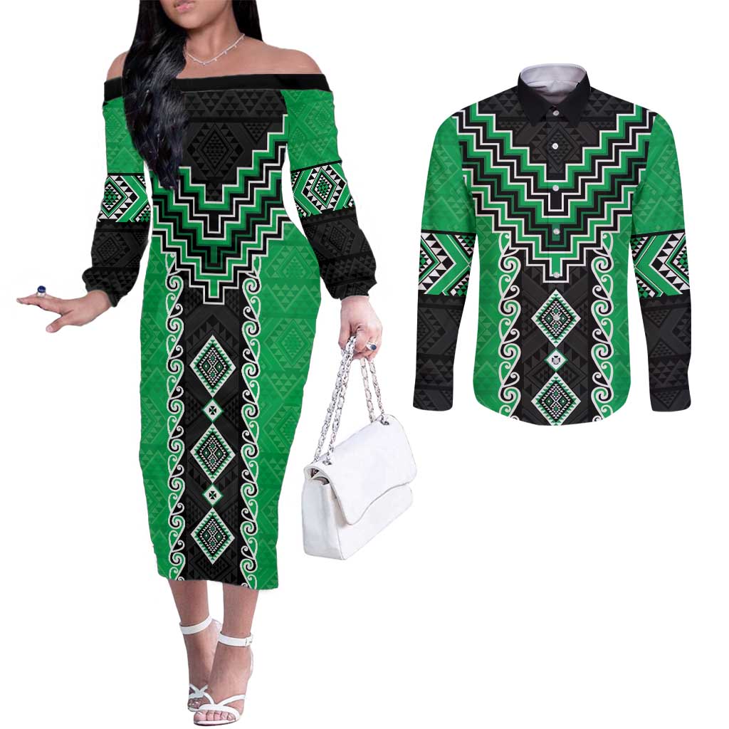 Green Niho Taniwha Mix Poutama Couples Matching Off The Shoulder Long Sleeve Dress and Long Sleeve Button Shirt Unique Taniko Aotearoa