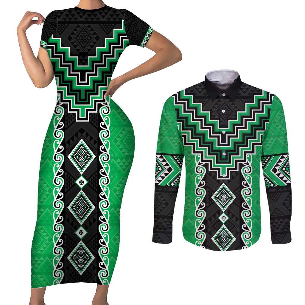 Green Niho Taniwha Mix Poutama Couples Matching Short Sleeve Bodycon Dress and Long Sleeve Button Shirt Unique Taniko Aotearoa