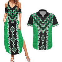 Green Niho Taniwha Mix Poutama Couples Matching Summer Maxi Dress and Hawaiian Shirt Unique Taniko Aotearoa