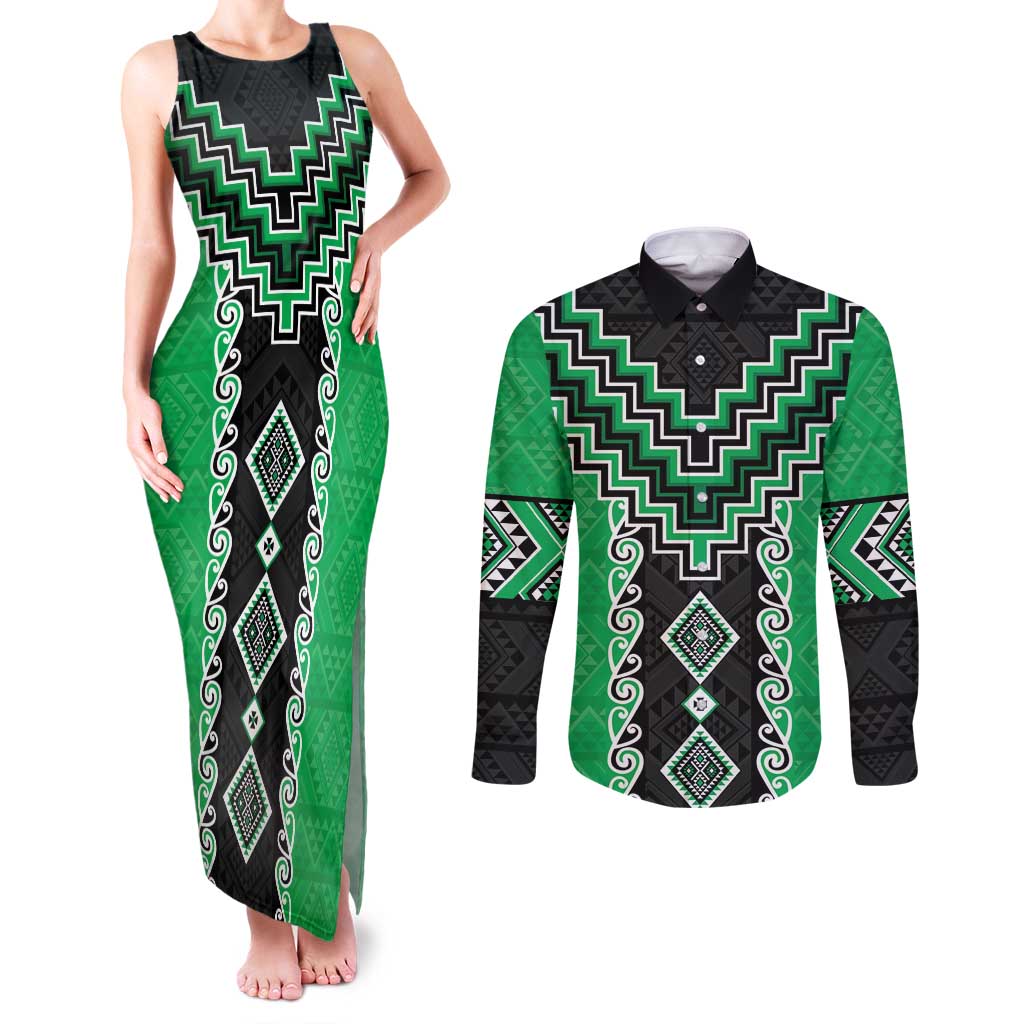 Green Niho Taniwha Mix Poutama Couples Matching Tank Maxi Dress and Long Sleeve Button Shirt Unique Taniko Aotearoa