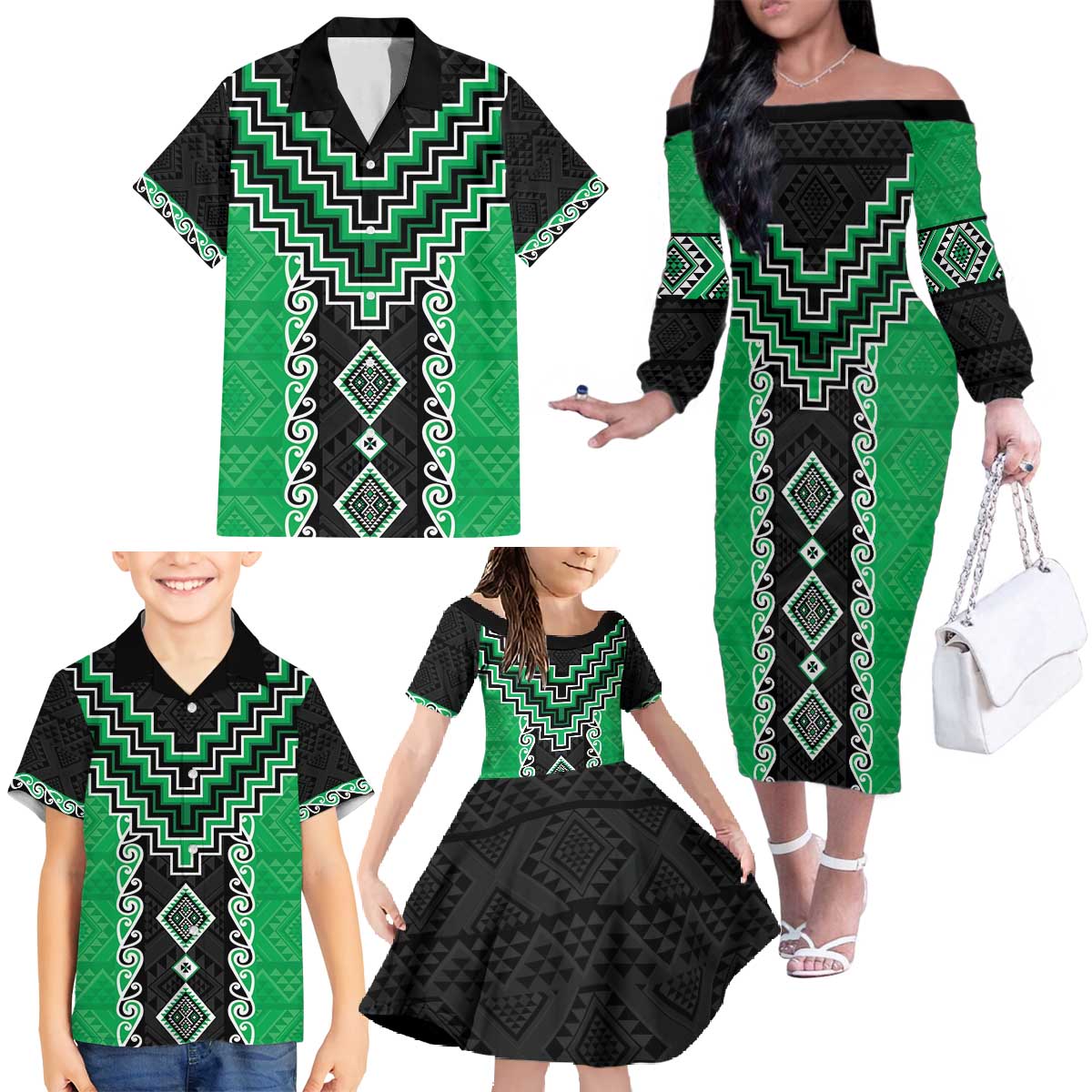 Green Niho Taniwha Mix Poutama Family Matching Off The Shoulder Long Sleeve Dress and Hawaiian Shirt Unique Taniko Aotearoa