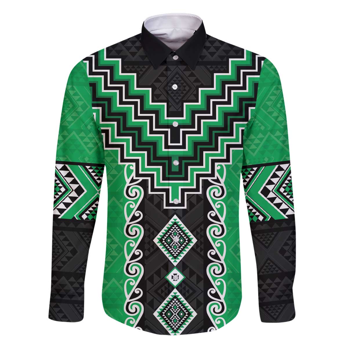 Green Niho Taniwha Mix Poutama Family Matching Off The Shoulder Long Sleeve Dress and Hawaiian Shirt Unique Taniko Aotearoa