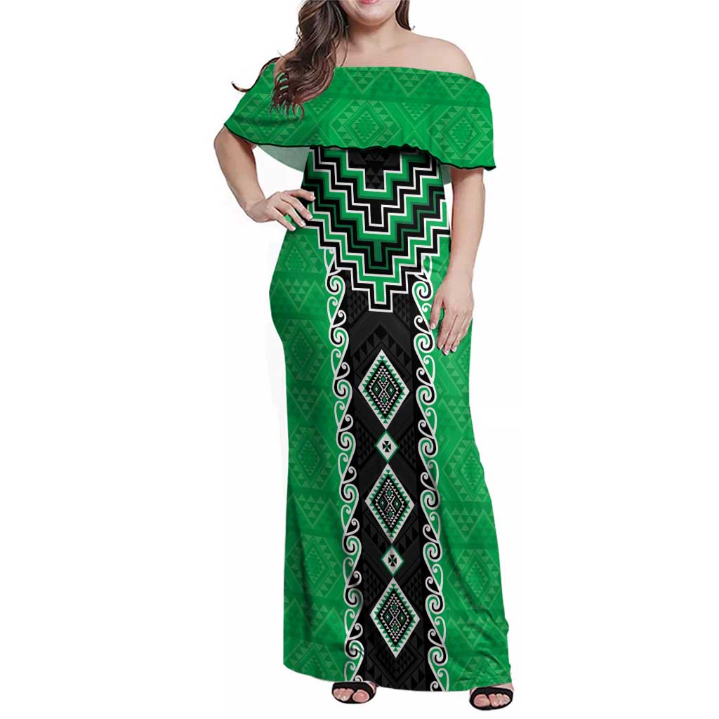 Green Niho Taniwha Mix Poutama Family Matching Off Shoulder Maxi Dress and Hawaiian Shirt Unique Taniko Aotearoa