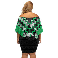 Green Niho Taniwha Mix Poutama Family Matching Off Shoulder Short Dress and Hawaiian Shirt Unique Taniko Aotearoa