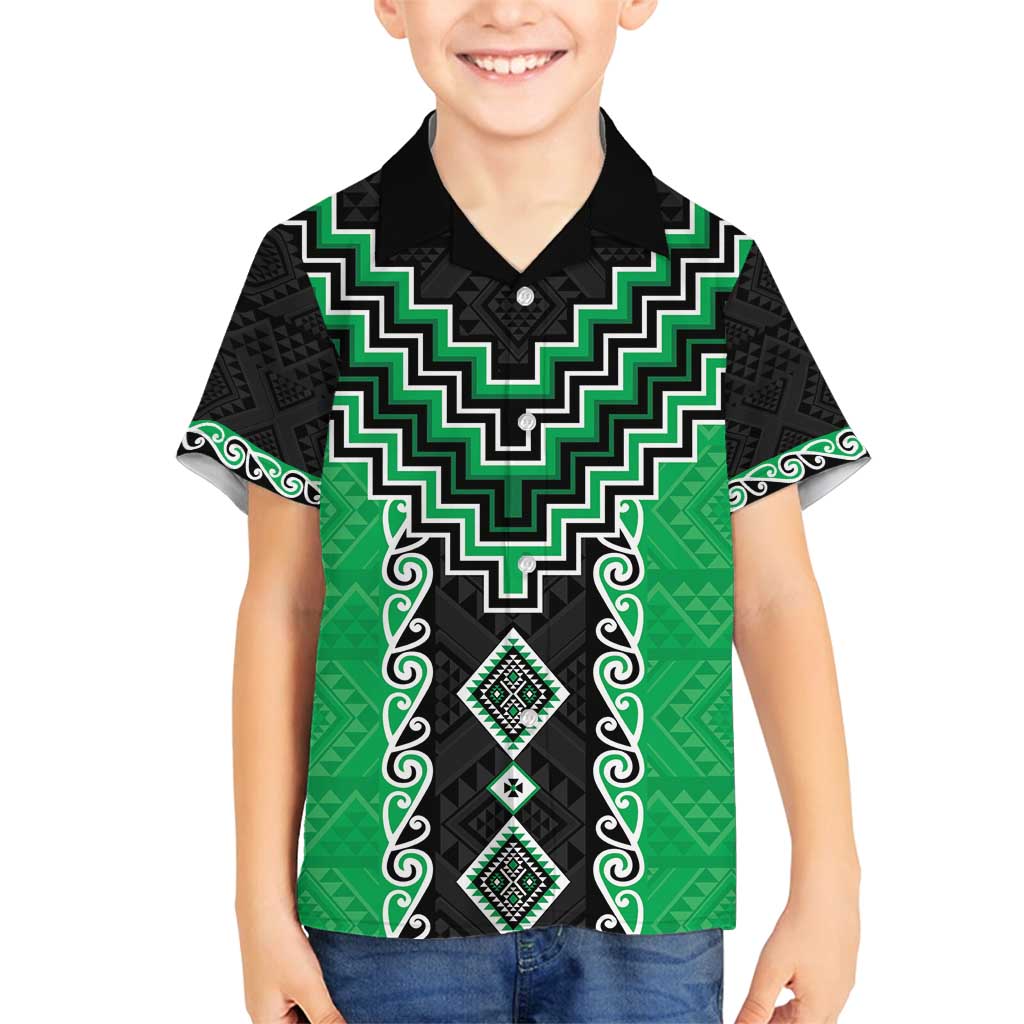 Green Niho Taniwha Mix Poutama Family Matching Off Shoulder Short Dress and Hawaiian Shirt Unique Taniko Aotearoa