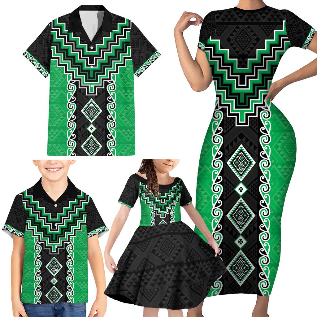 Green Niho Taniwha Mix Poutama Family Matching Short Sleeve Bodycon Dress and Hawaiian Shirt Unique Taniko Aotearoa