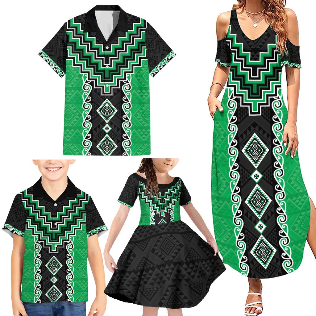 Green Niho Taniwha Mix Poutama Family Matching Summer Maxi Dress and Hawaiian Shirt Unique Taniko Aotearoa