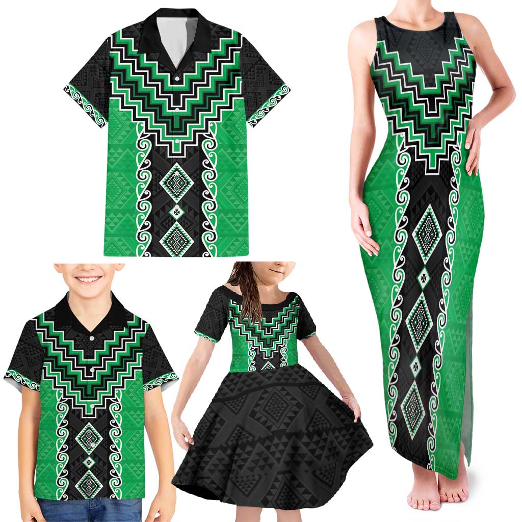 Green Niho Taniwha Mix Poutama Family Matching Tank Maxi Dress and Hawaiian Shirt Unique Taniko Aotearoa